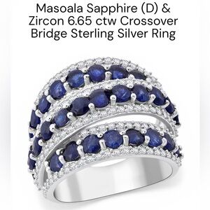 NEW! Masoala Sapphire & Zircon 6.65ctw Crossover Bridge Sterling Silver Ring